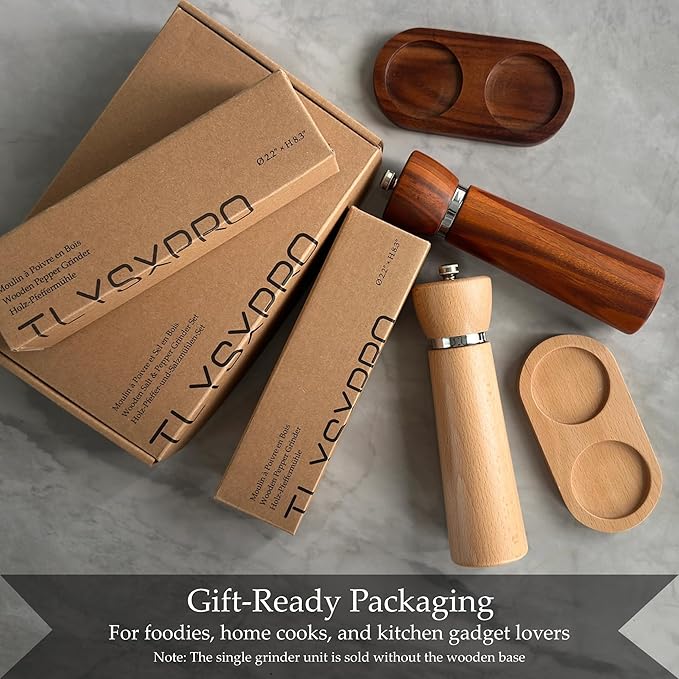 Wooden Pepper Grinder – Refillable Pepper Mill with Adjustable Upgraded Large Size Ceramic Burr – Manual Salt Grinder with Beech Wood Body – 8.3” Tall (Chocolate Wood)