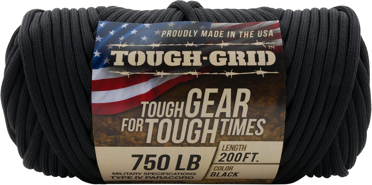 TOUGH-GRID 750 Paracord Rope Nylon Parachute Cord, Made in USA Survival Kit, Outdoor Adventures, Camping, Tactical Gear & Emergency Supplies, Military Type IV Mil-Spec