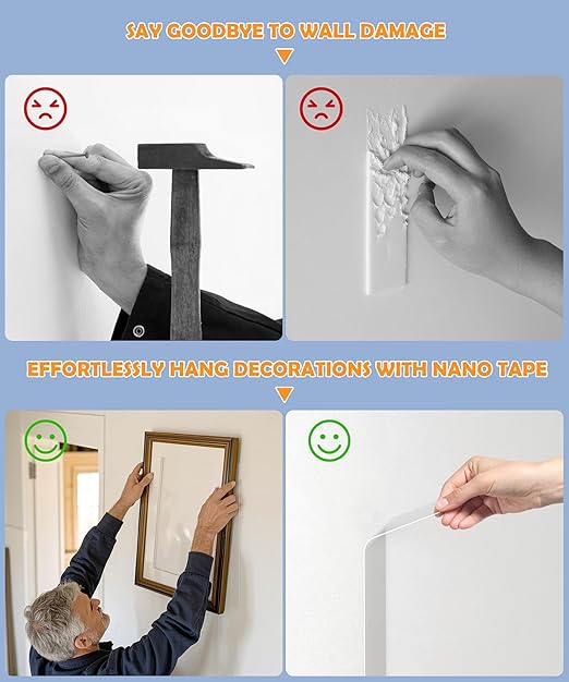2 Rolls Double Sided Tape Heavy Duty - Removable Mounting Tape for Poster Carpet Picture Hanging Strip Rug Wall Outdoor - Clear & Strong Nano Tape Adhesive Multipurpose