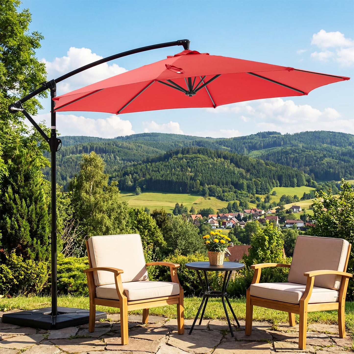 OLIXIS 9.8FT Offset Patio Umbrella with Base, Cantilever Table Umbrellas for Outdoor Sun Shade UV Protection with Easy Tilt Adjustment, 8 Ribs for Backyard, Lawn, Garden, Pool