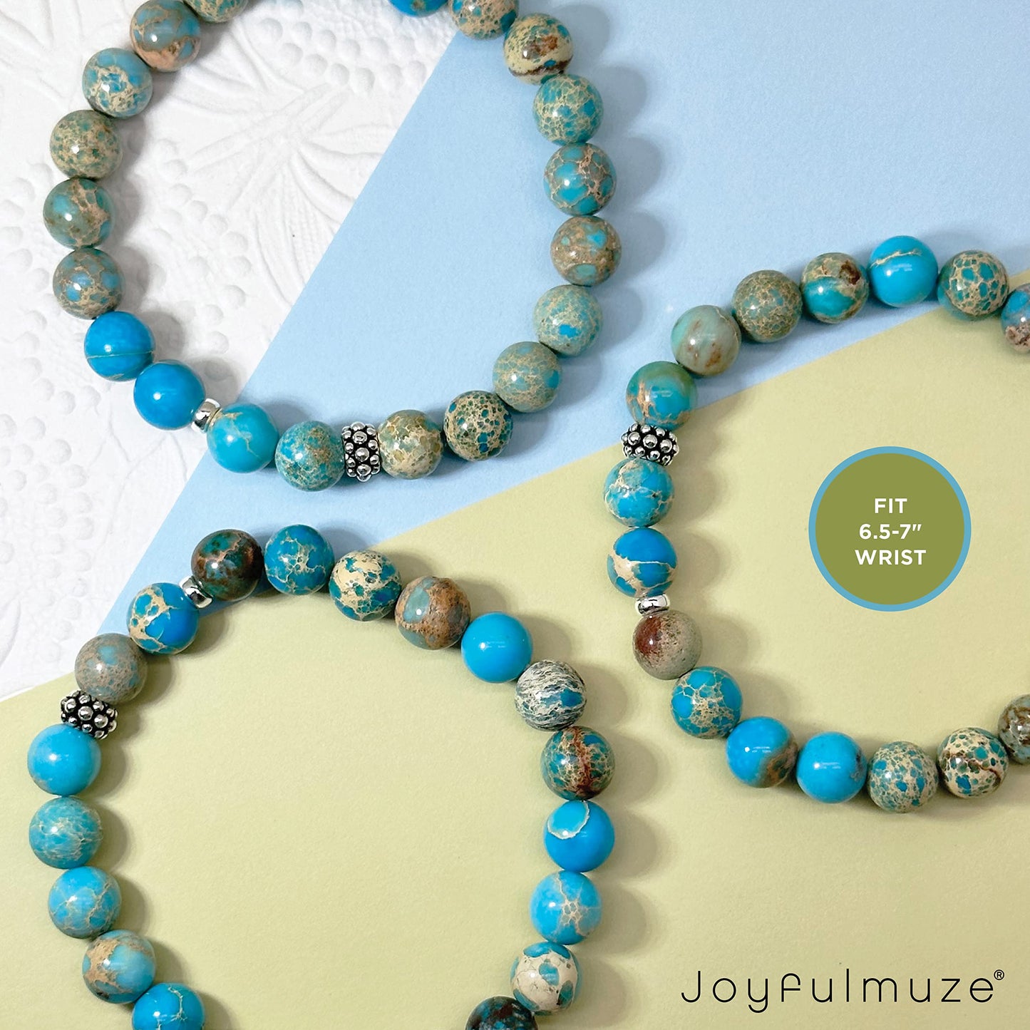 Joyfulmuze Handmade Stretch Bracelet, Genuine Turquoise Emperor Round Jasper, Premium Jewelry for Women Man Girls, Grounding Strength and Stability Stone, Sterling Silver Beads (Turquoise-Jasper-8mm)