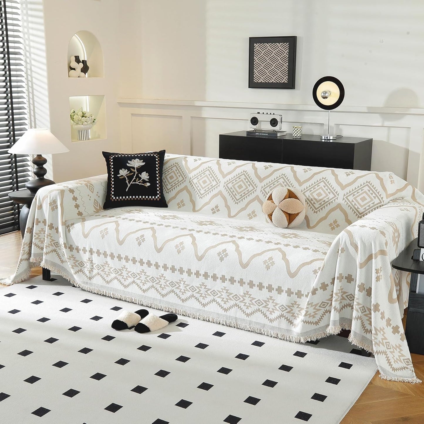 LUFEIJIASHI Boho Couch Covers for Sofa Non Slip Sofa Covers Washable Couch Covers for 3 Cushion Couch Sofa Pet Friendly Sectional Couch Cover Blanket Furniture Protector for Dogs (Khaki, 71"x134")