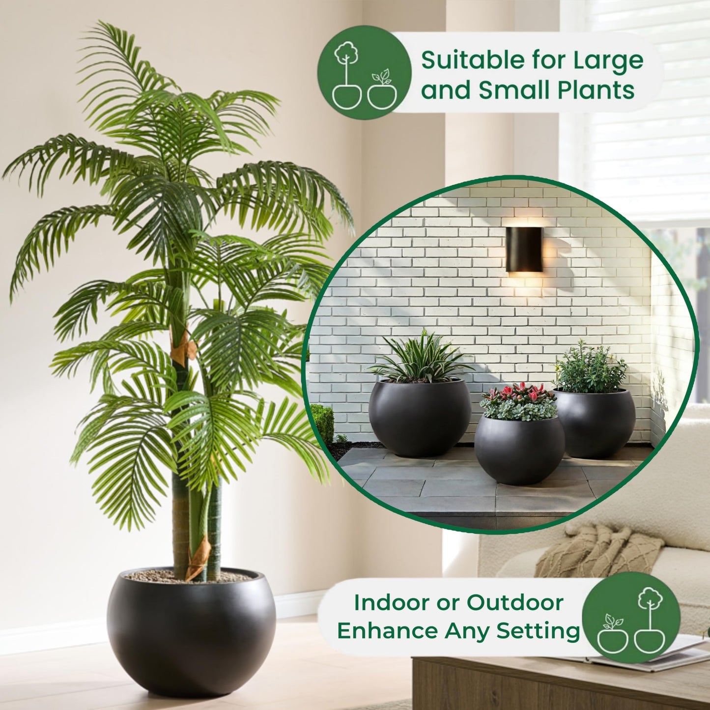 FloraFairy Fiberstone Sphere Planter, Black 19.3" Dia Large Flower Pot with Drainage Hole and Silicone Plug, Round Plant Container for Indoor or Outdoor, 15" Opening-13 H Large