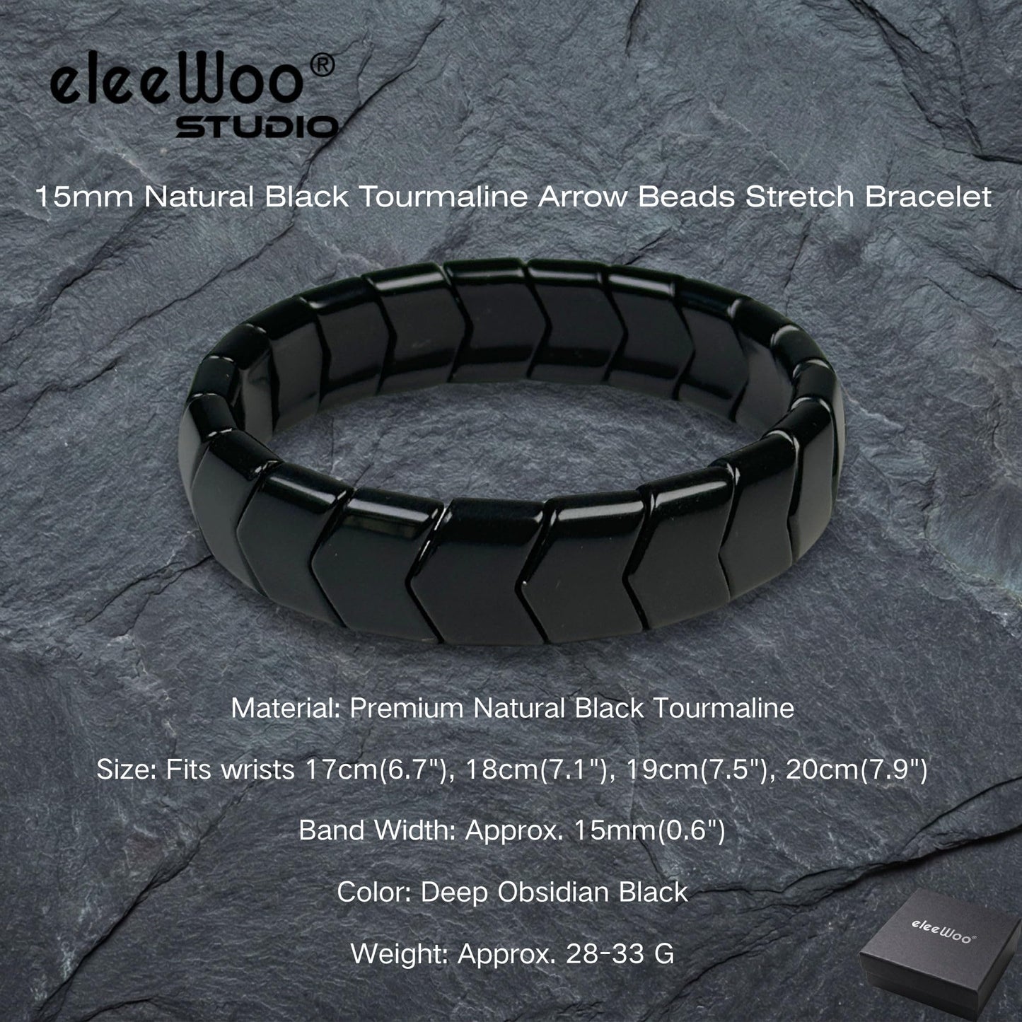 eleewoo Handmade 15mm Arrow Black Tourmaline Bracelet for Men Women, Bold Statement Grounding & Protection Crystal Jewelry, Beaded Stretch Bracelet in Premium Gift Pouch