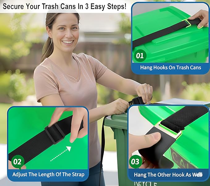 Premium 2X Trash Can Locks for Animals Universelle Garbage Straps Lid Wheelie Bin Locks Enclosure Cans Clips Out Raccoon Hide Outside Strap Resistant Security Critter Trashcan Deterrent