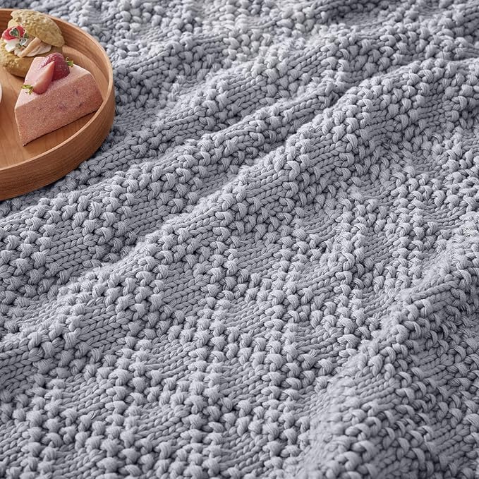 Knitted Weighted Blanket for Adult, Chunky Knit Weighted Throw for Sleep 50"*60" 7lbs, Cooling Breathable Heavy Blanket for Hot Sleepers, Machine Washable Blanket for Room Decor(Light Grey)