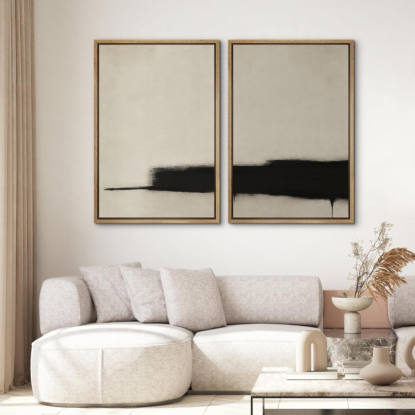 SIGNWIN Framed Wall Art Print Set Minimalist Black Brushstroke Abstract Neutral Beige and Black Illustrations Modern Art Rustic Relax/Calm for Living Room, Bedroom, Office - 16"x24"x2 NATURAL