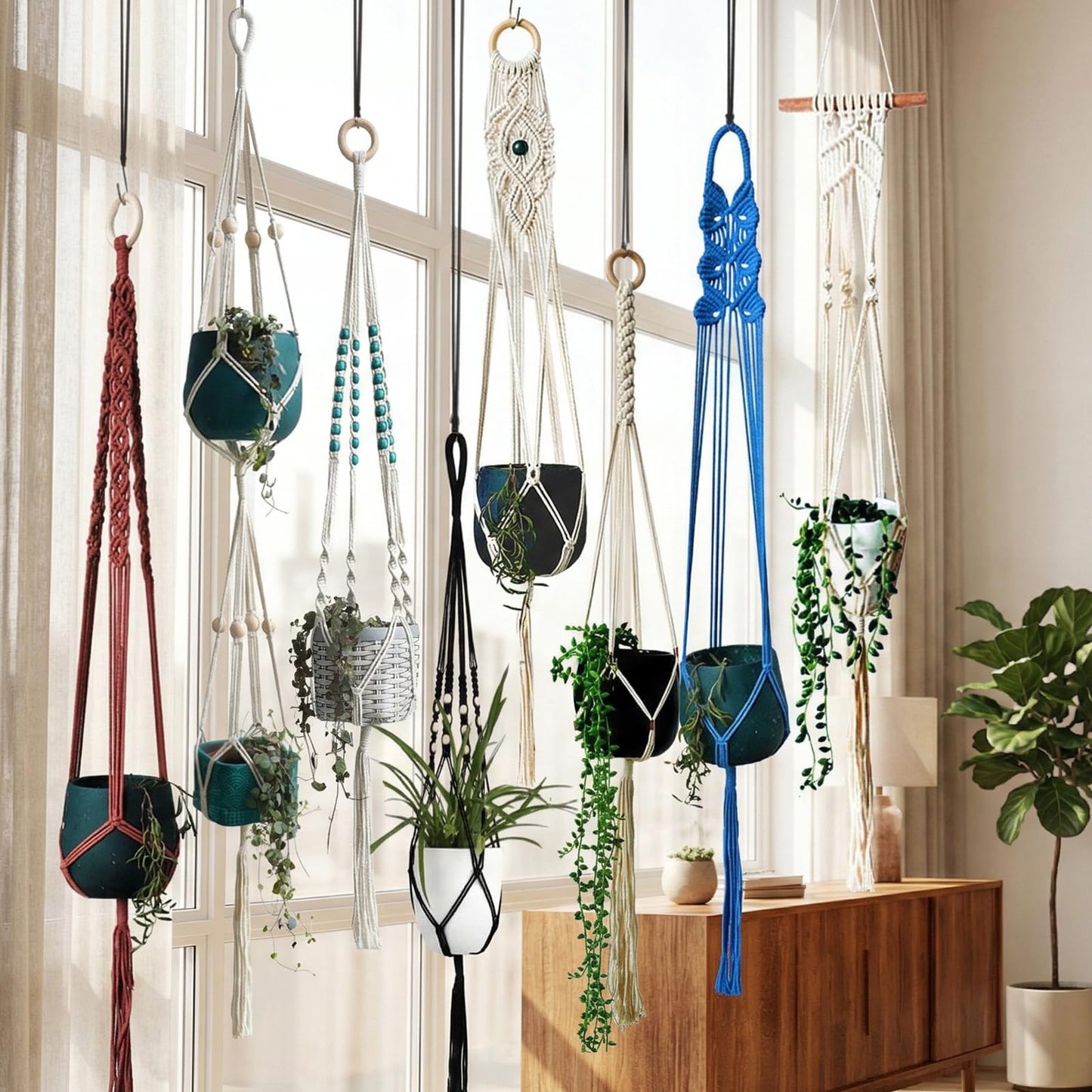 Macravine 8-Pack Macrame Plant Hanger, Boho Indoor Window Pot Hanger with Wooden Beads, Hanging Flower Pot Holder,Creative Handmade Chic Plant Basket Length 39″(no Pot&Plant Included)
