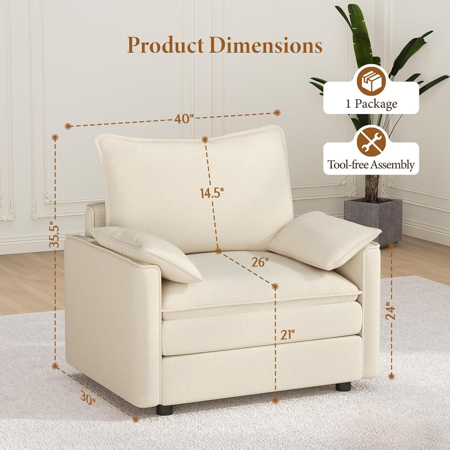 Vesgantti 40" Single Seat Sofa, Comfy Cloud Couch Deep Seat Upholstered Couch Chenille Modern Sofa with Armrest Pillow, Easy Assembly for Living Room, Bedroom and Apartment, Beige