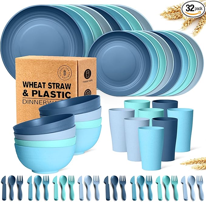 Teivio 32-Piece with Flatware Kitchen Plastic Wheat Straw Dinnerware Set, Service for 8, Dinner Plates, Dessert Plate, Cereal Bowls, Cups, Unbreakable Plastic Outdoor Camping Dishes, Ocean