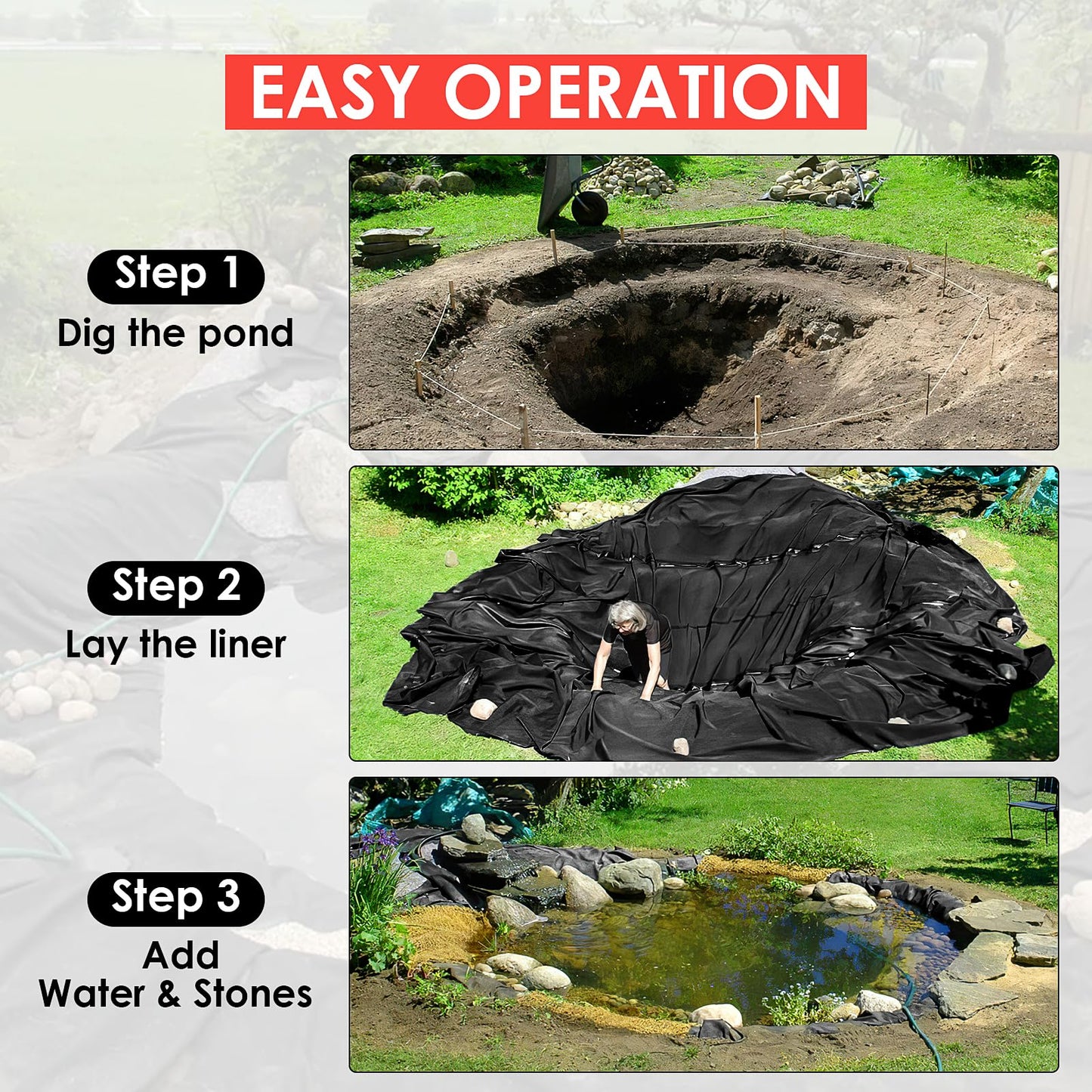 ExploreHorizon 10x15 ft Pond Liner, 45 Mil Thickness, Pliable & Durable EPDM Material, Easy Cutting & UV Resistant, for Fish or Koi, Features, Waterfall Base, Fountains and Water Gardens