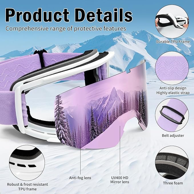 Ski Goggles for Men Women,Anti Fog UV Protection Snowboard Goggles for Adult & Youth,OTG Snow Skiing Goggles