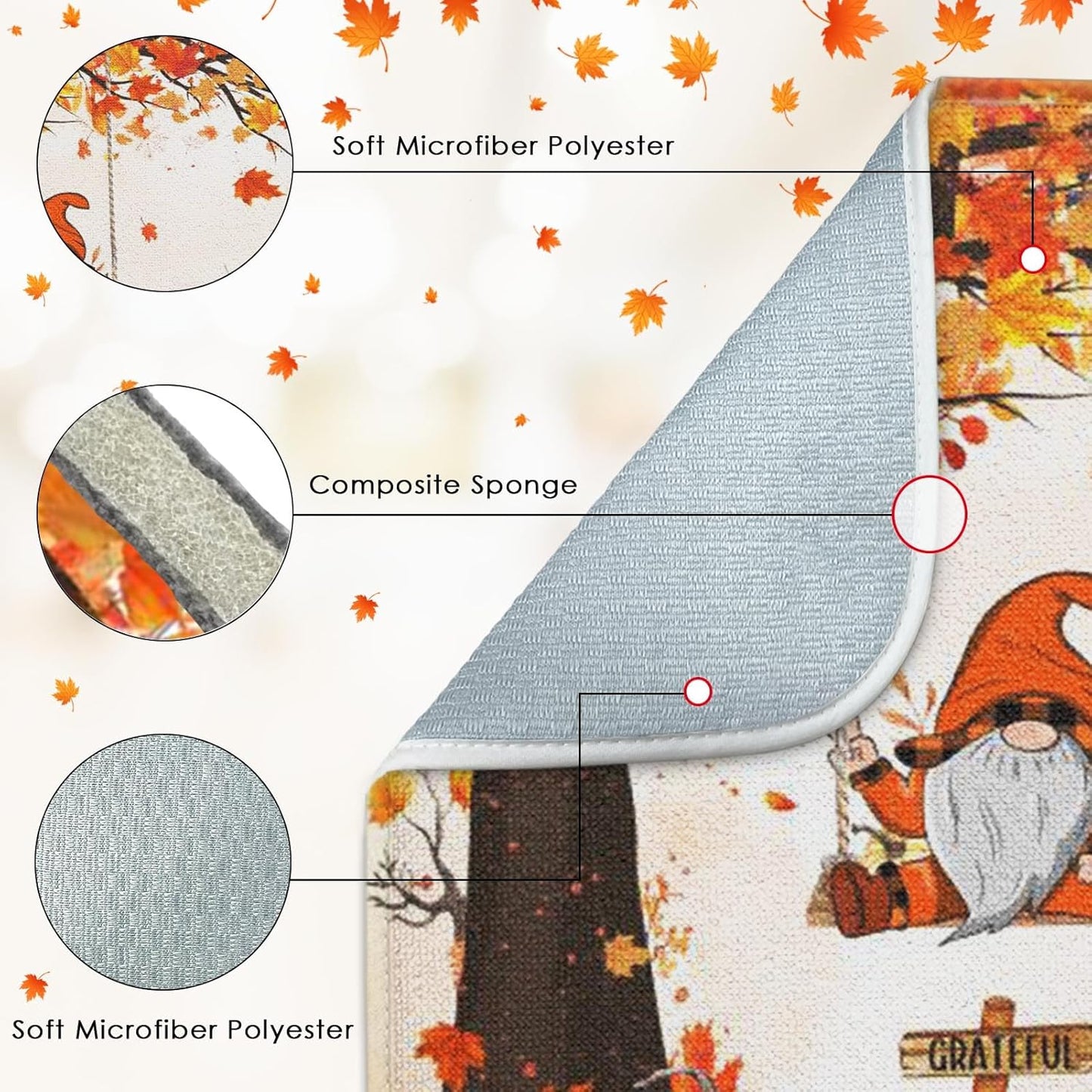 Sanwarm Absorbent Dish Drying Mat, Autumn Gnome Leaves Microfiber Pad for Kitchen Counter, Fall Botanical Floral for Coffee Bar Decor, Heat Resistant and Reversible, 18" x 24"