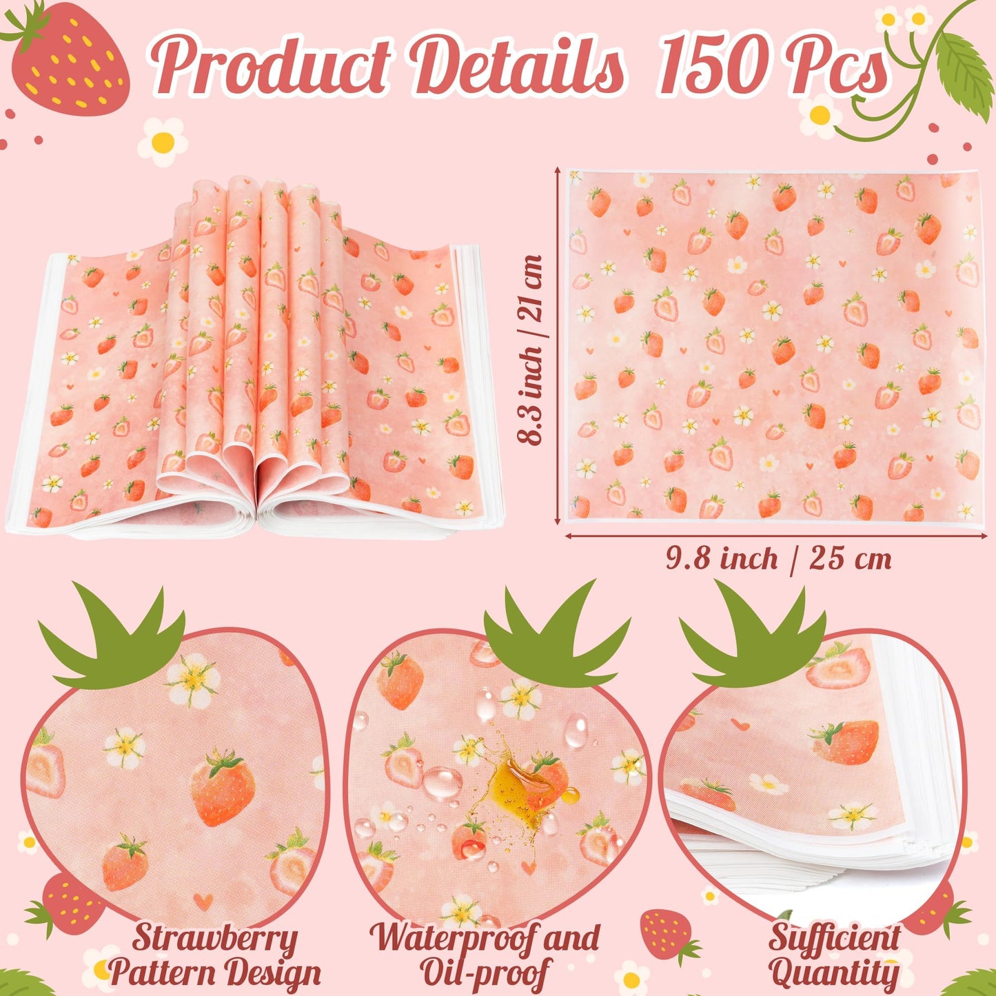 GROBRO7 Strawberry Wax Paper Sheet - 150Pcs Summer Fruit Themed Food Deli Papers with Flower, 9.8 x 8.3in Greaseproof Waterproof Disposable Pink Wrap for Sandwich Picnic Basket Liner Party Supplies