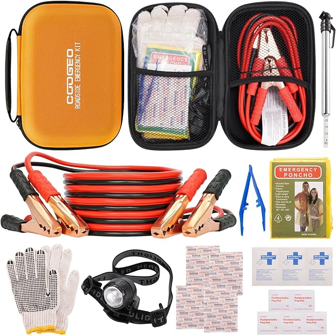 Car Roadside Emergency Kit with Battery Jumper Cables,Car Accessories for Men or Women,Automotive Safety Kit for Car,Vehicle, Truck or SUV,Gifts for Men or Him, Orange