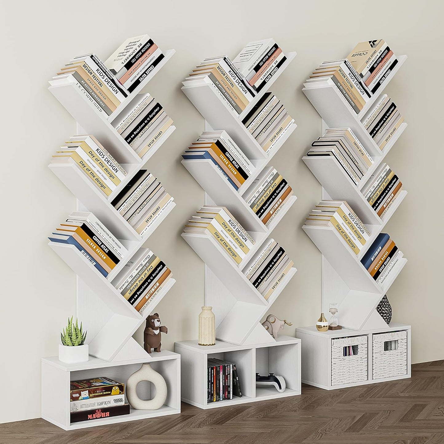 Vagusicc Tree Bookshelf, 6 Tier Bookshelf with Storage, Tall Narrow Bookcase, Rustic Wood Book Storage Rack for CDs/Books, Small Book Organizer Shelves for Bedroom, Living Room, Home Office, White