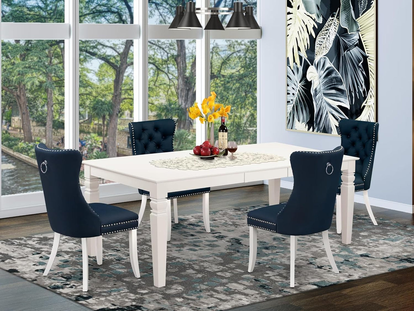 East West Furniture LGDA5-LWH-29 5 Piece Dining Set Consists of a Rectangle Wooden Table with Butterfly Leaf and 4 Polyester Fabric Upholstered Chairs, 42x84 Inch, linen white