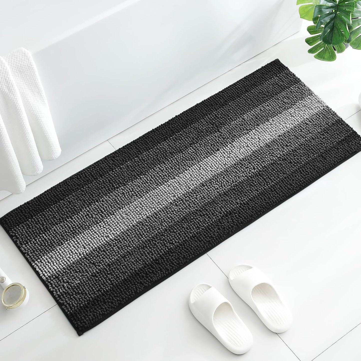Gibelle Long Bathroom Rugs, Luxury Chenille Bath Mat, Small Non Slip Shower Rug and Bath Room Floor Mats, Machine Washable, Quick Dry Bathmat, Soft Cozy Plush Rug for Tub, 20" x 47", Black
