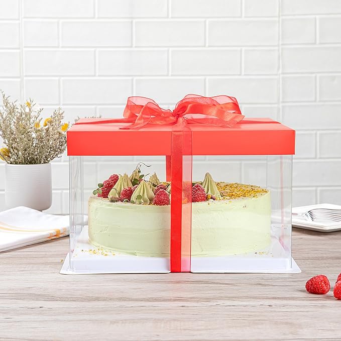 Restaurantware Sweet Vision 10 Inch x 8.25 Inch Transparent Cake Boxes 10 Grease Resistant Base Clear Cake Boxes - Red Lid Red Ribbon Plastic Birthday Cake Boxes For Weddings Or Birthdays