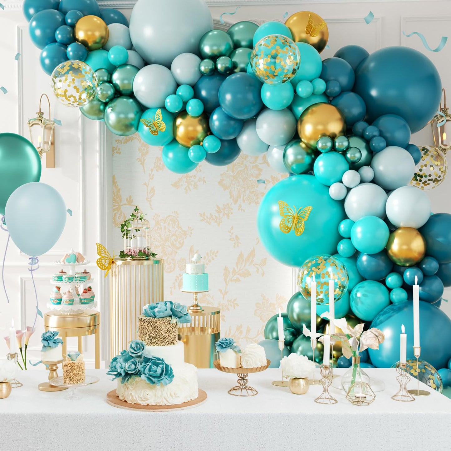 142pcs Teal Turquoise Balloon Arch Garland Kit with Teal Turquoise Pastel Blue Metallic Green Gold Confetti Balloons for Anniversary Bridal Shower Baby Shower Birthday Party Decorations