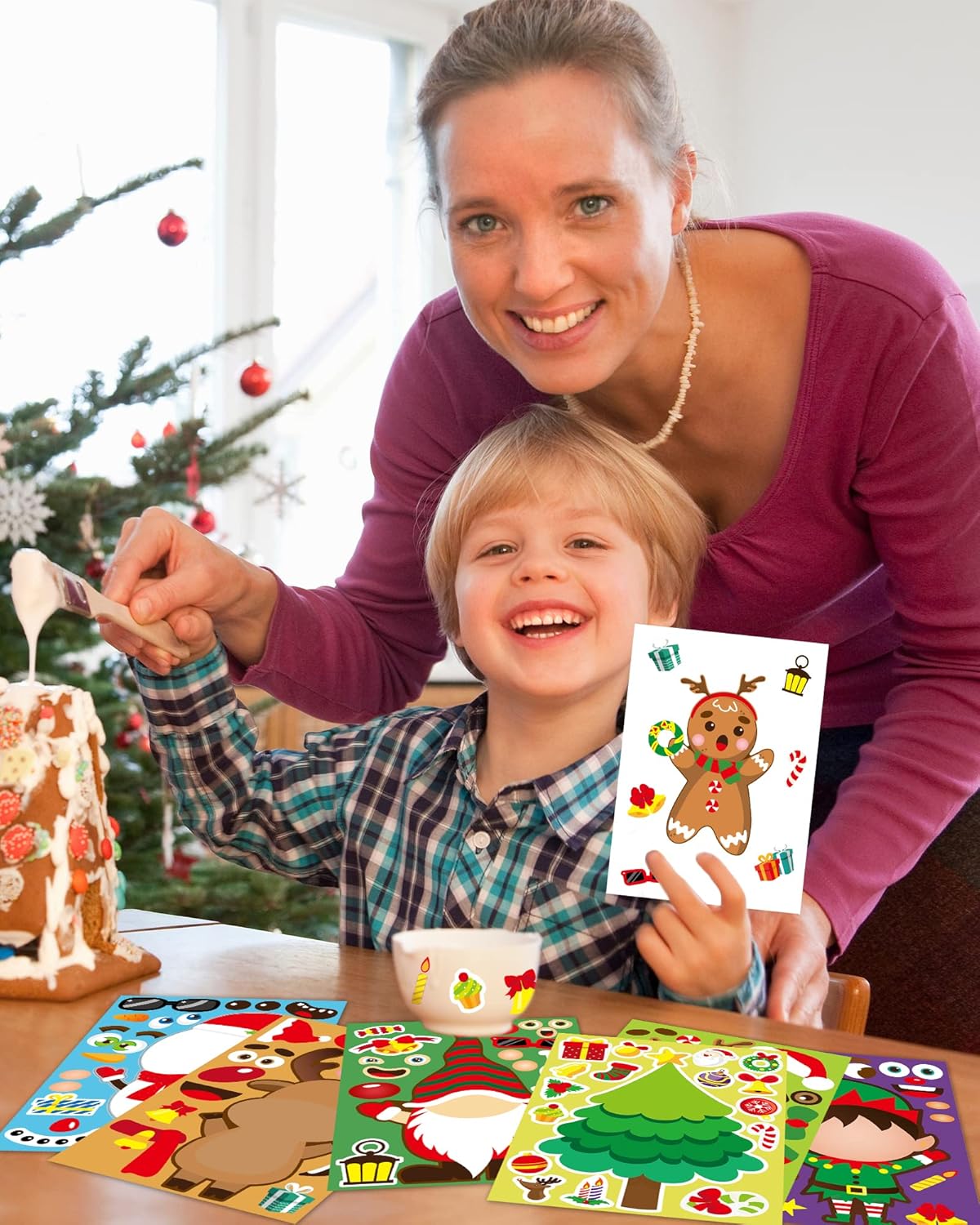 42 Sheets Christmas Party Favors Stickers, Christmas Crafts Make Your Own Sticker, Gifts for Classroom Student Stocking Stuffers Goodie Bag Activities Game Holiday Sticker for Kids
