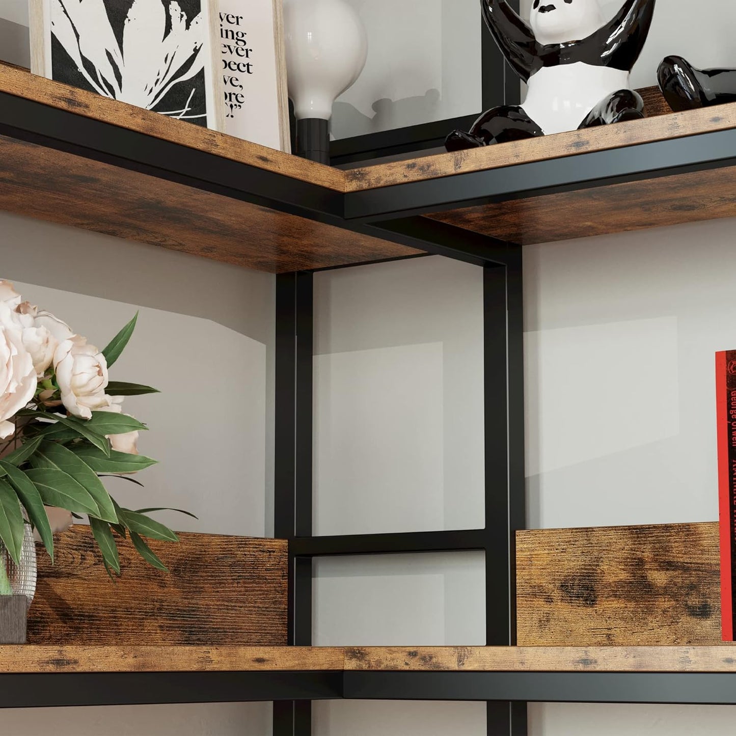 IRONCK Industrial Bookshelves 5 Tiers Corner Bookcases with Baffles Etagere Shelf Storage Rack with Metal Frame for Living Room Home Office
