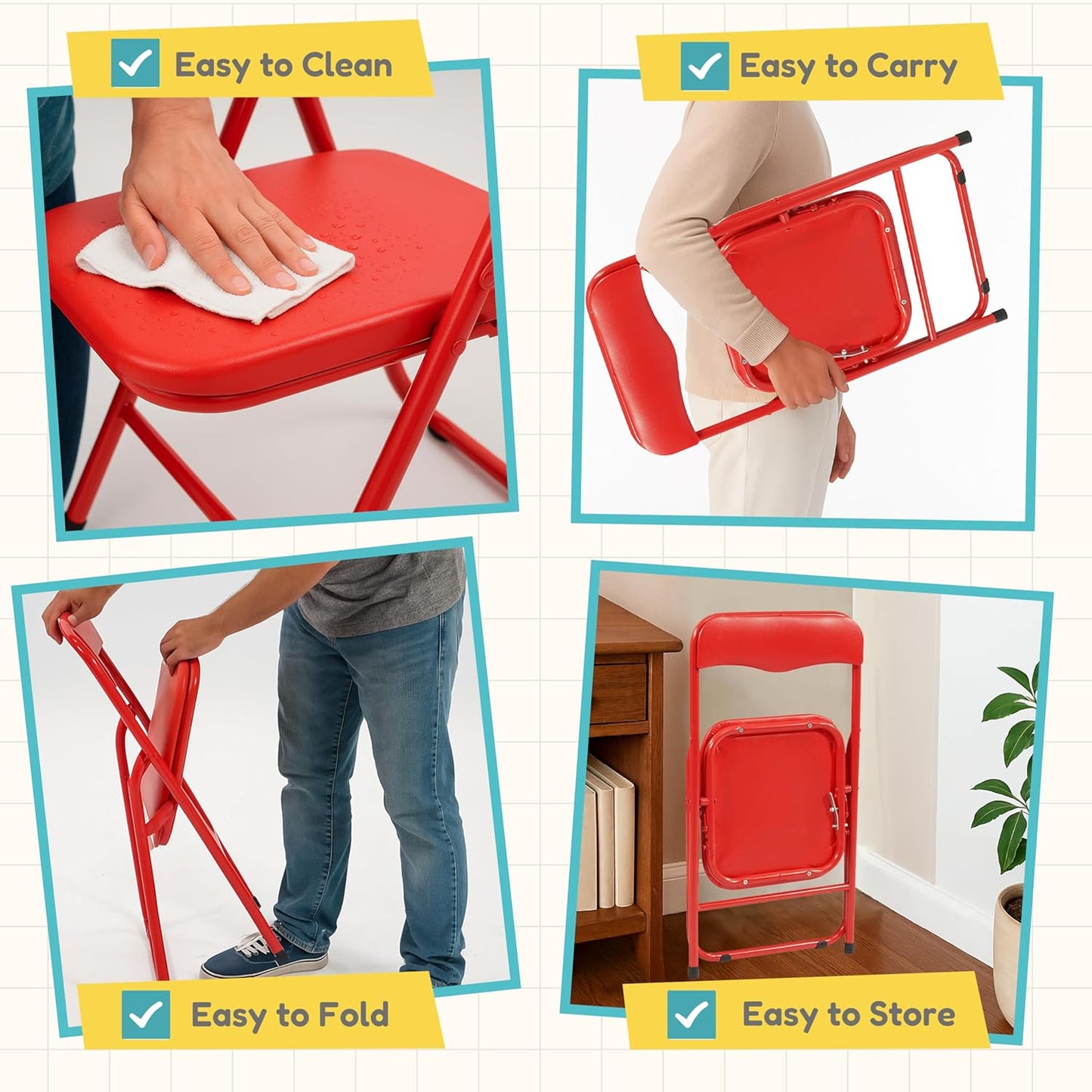 HealSmart 2 Pcs Kids Folding Chair with Padded Seat & Back, Metal Frame for Toddlers & Children, Indoor Outdoor Use for Playroom, Bedroom, Kitchen, Foldable for Easy Storage & Portability, Green+Red