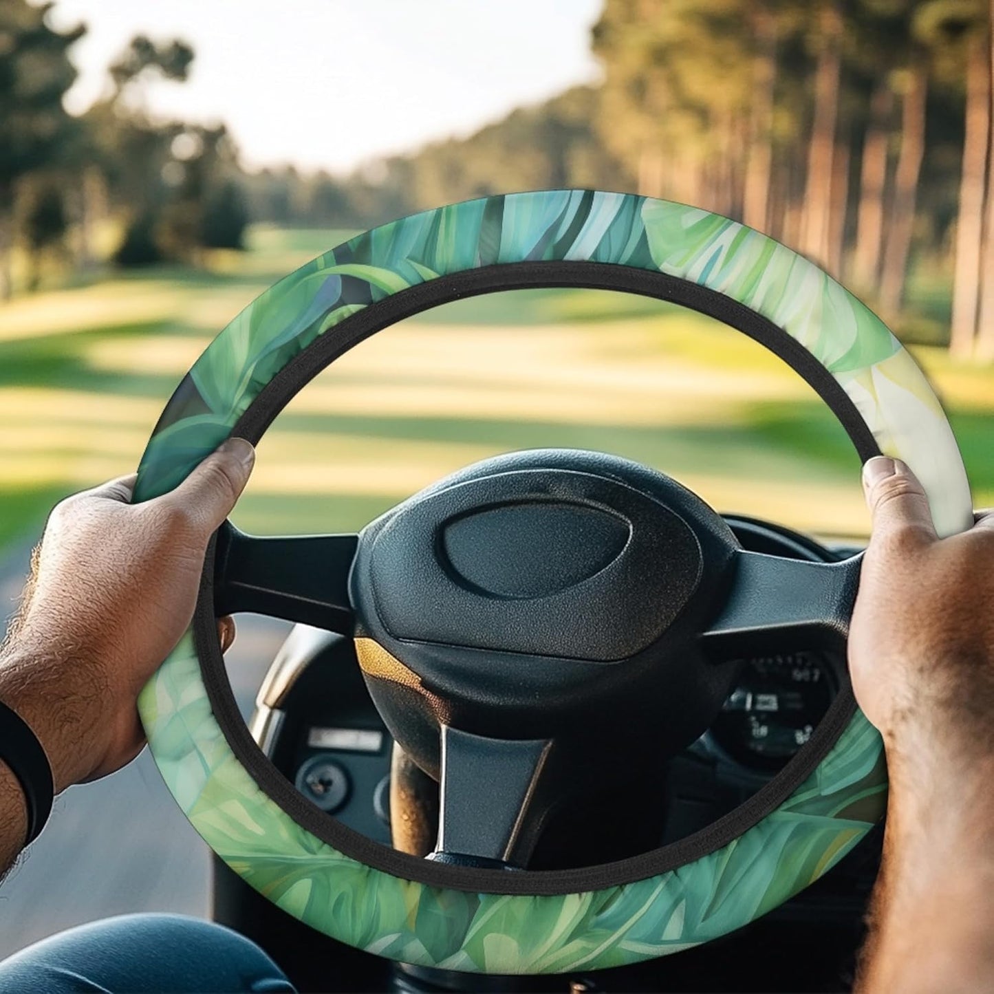 Tropical Leaves Golf Cart Steering Wheel Cover Universal Fit 14 Inch Green Polyester
