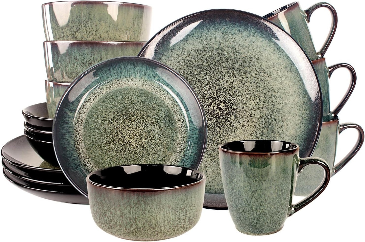 Dinnerware Sets(16Pcs) Serves for 4, Reactive Glaze Plates and Bowls Set with Mug,8.3"Salad Plate,10.6"dinner Plate,5.5"bowl, Modern kitchen tableware,Microwave safe, Set No.2