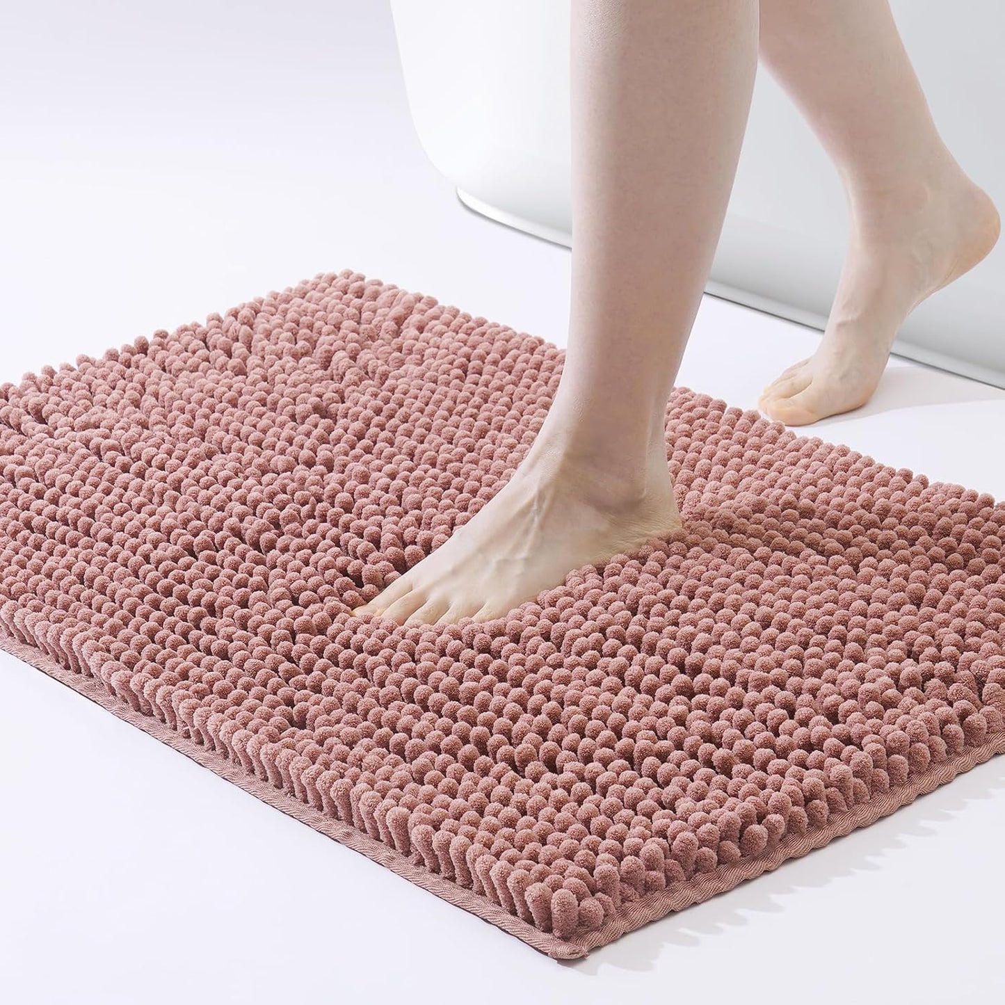 FRESHMINT Chenille Bathroom Rugs Mat 32"x20", Non-Slip Bath Mat for Bathroom Floor & BathTub, Washable Soft Shower Shag Bath Rugs, Durable Fluffy Thick Water Absorbent Microfiber Shower Mat, Rust Pink
