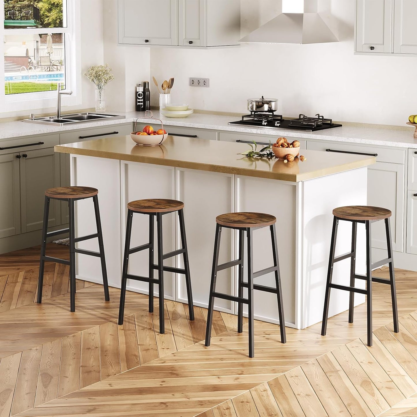 Bar Stools, Set of 2 Round Bar Chairs with Footrest, 28 Inch Kitchen Breakfast Bar Chairs, Industrial Bar Stools, Easy Assembly, for Dining Room, Kitchen, Rustic Brown BAHR02701