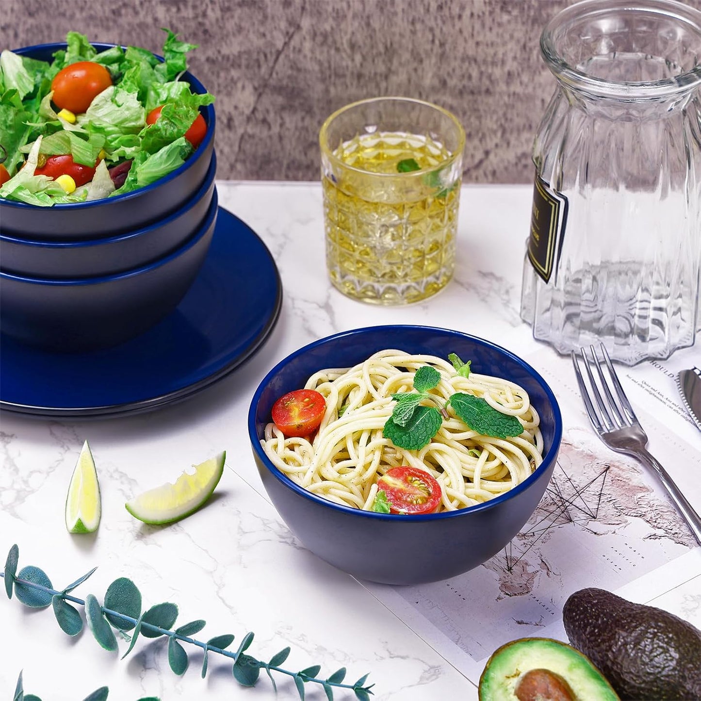 TP 12-Piece Dinnerware Set, Melamine Dishes Set with Bowls and Plates, Non-breakable and Lightweight Dinner Service for 4, Black and Blue