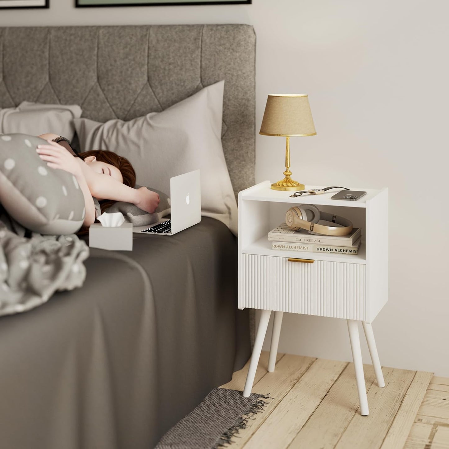 White Nightstand,Modern Bedside Table with Storage Drawer and Open Wood Shelf, for Living Room, Bedroom and Small Spaces, Accent Night Stand with Solid Wood Legs, Easy Assembly,Classic White