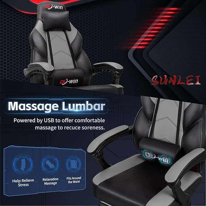 Gaming Chairs for Adults, Computer Chair with Footrest and High Back, Big and Tall Gamer Chair's with Massage Lumbar Support, 360° Swivel Height Adjustable Gaming Chair, Grey