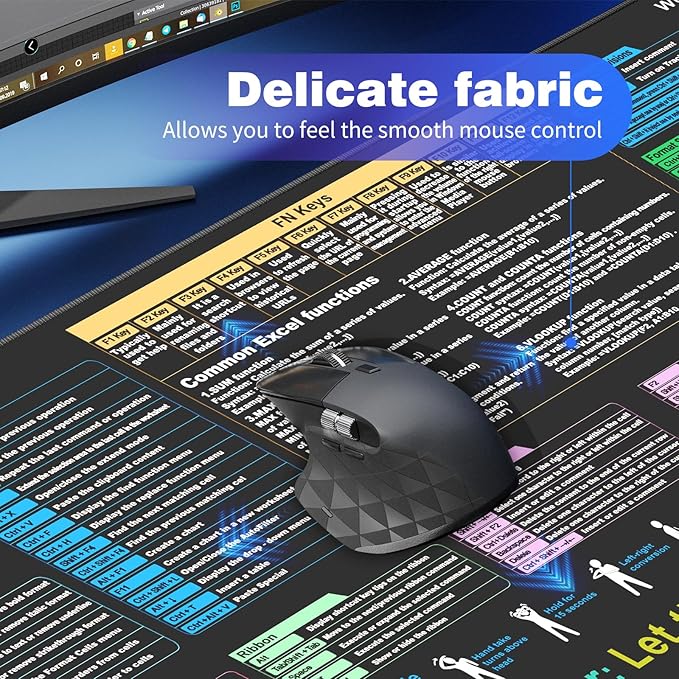 Excel Cheat Sheet Desk pad—Contains 12 Types of Common Skills in Excel and Word|Large XL Size（35.45 * 15.75 inch）|Desk mat for Keyboard and Mouse|Work、Study、Gaming Mouse pad|Waterproof、Anti-Slip