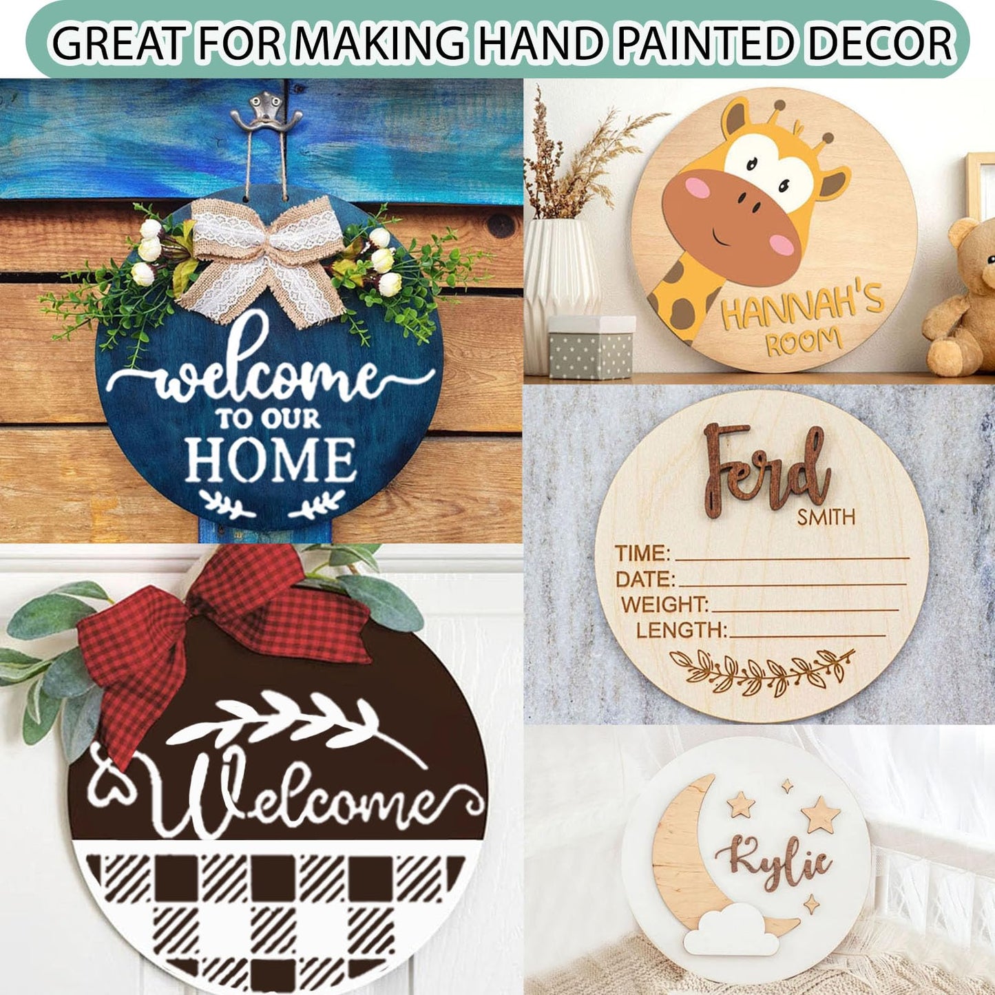 12 Inch Wood Circles for Crafts, 10Pcs Unfinished Wood Rounds with 4 Stencils & Painting, DIY Wooden Crafts for Door Hanger, Sign, Wood Burning, Painting, Gifts for Father's Day Home Decor
