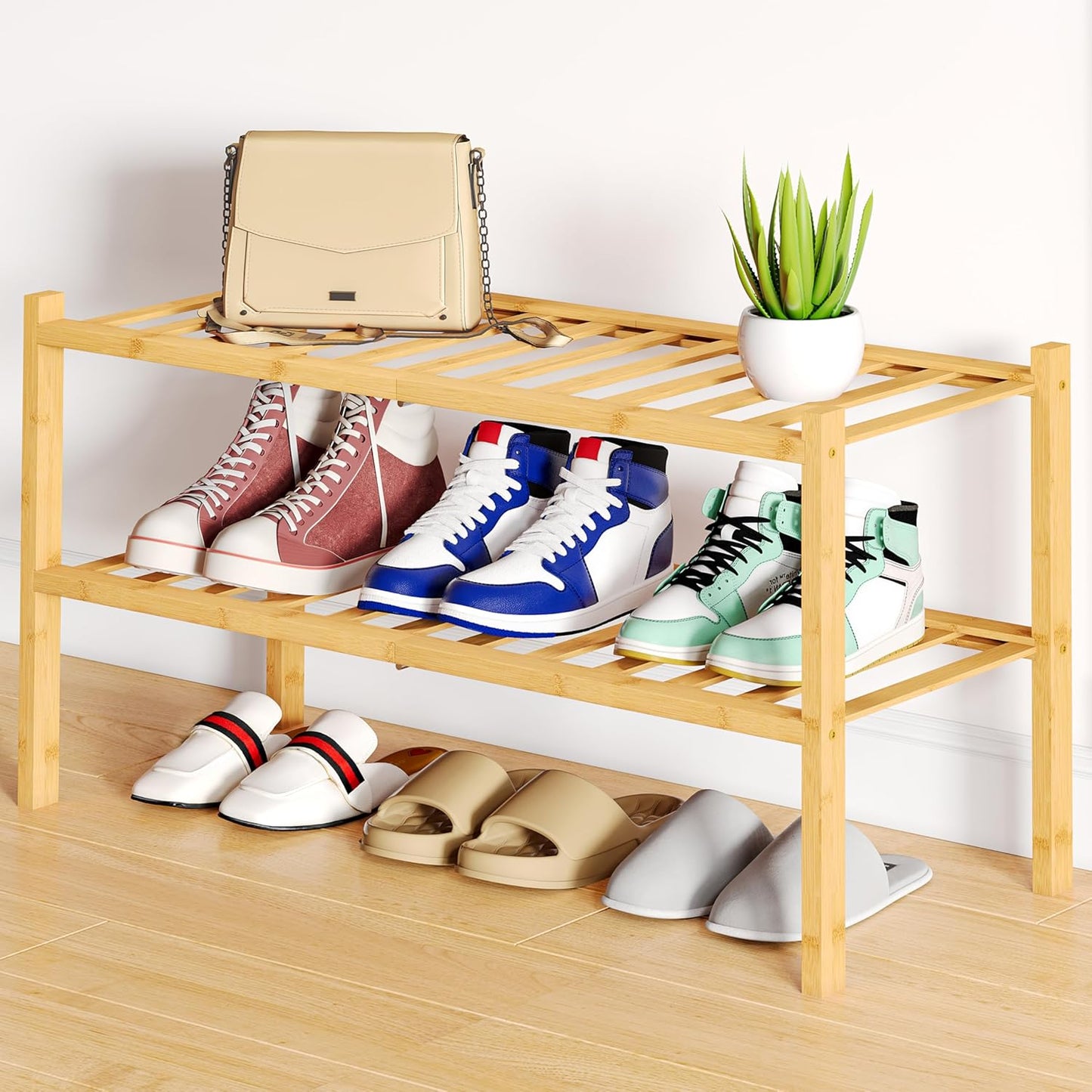 Smiry Shoe Rack, 2 Tier Bamboo Shoe Organizer, Stackable Free Standing Wooden Shoe Storage Shelf for Closet, Entryway, Front Door Entrance, Natural
