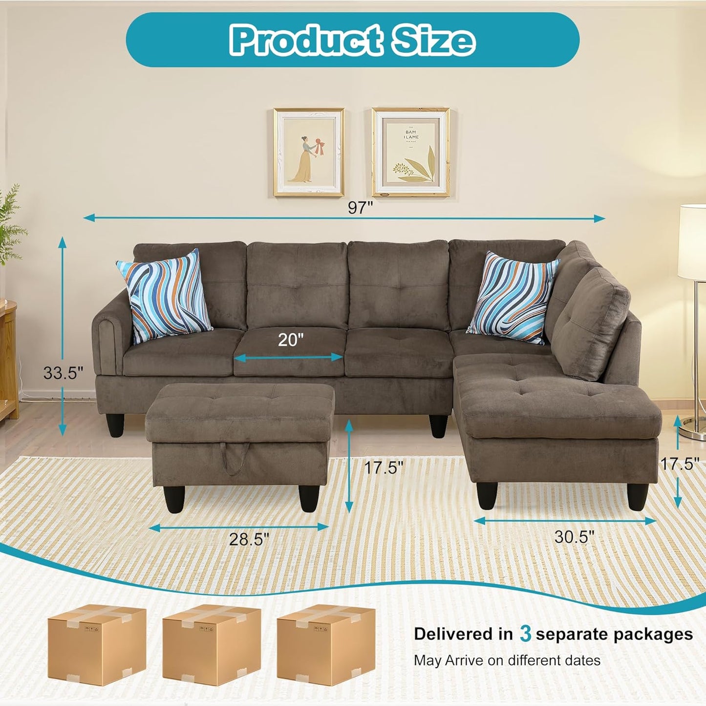 Couches for Living Room Modern L Shaped Couch Comfy Velvet Fabric 3 Pieces Sectional Sofa with Chaise, Ottoman with Storage for Office and Small Apartment, Brown Pineapple