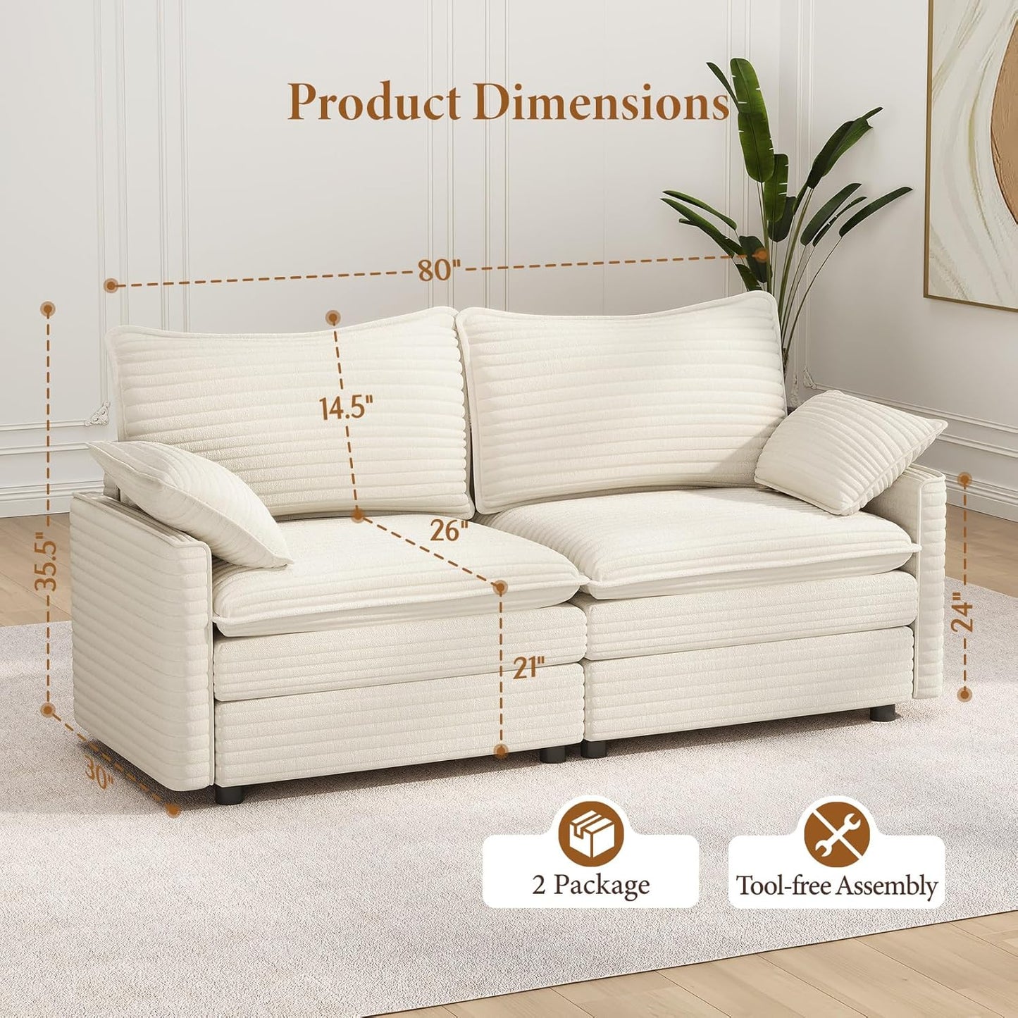 Vesgantti 74" Loveseat Sofa for Living Room, Comfy Cloud Couch Deep Seat Corduroy Modern 2 Seater Small Sofa with Armrest Pillow, Easy Assembly for Small Spaces, Beige