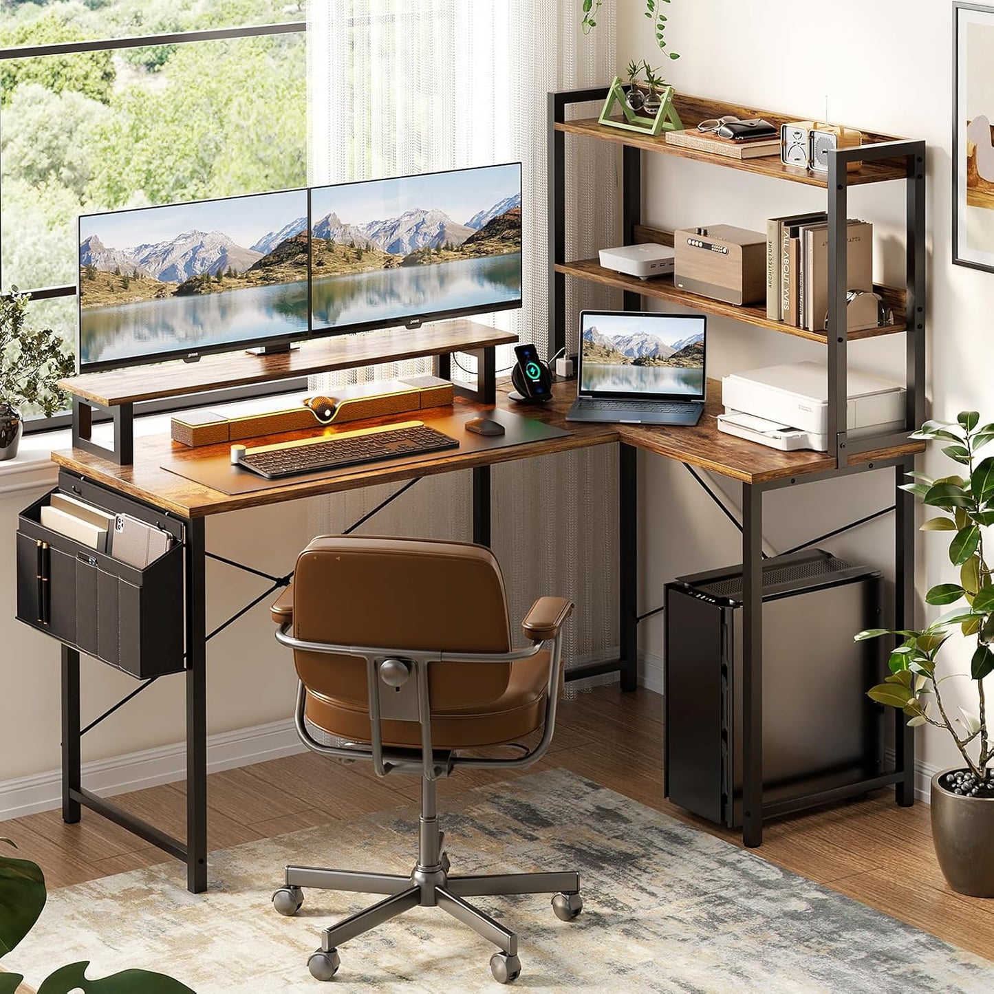Homieasy L Shaped Computer Desk with Bookshelf, 47 Inch Reversible Corner Gaming Desk with Charging Station & Led Light, Home Office Desk with Hutch Monitor Stand Storage Shelves Bag, Rustic Brown