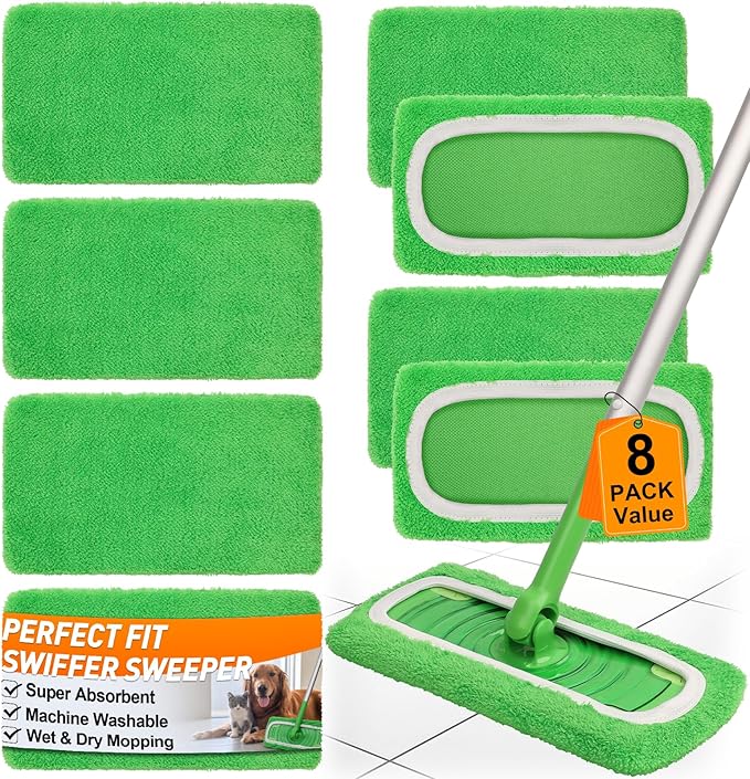 8 Pack Reusable Microfiber Mop Pads Compatible with Swiffer Sweeper, Machine Washable Microfiber Pads Refill for Wet & Dry Floor Cleaning, Mopping Pad Refills Fits Hardwood, Marble, Tile & Laminate
