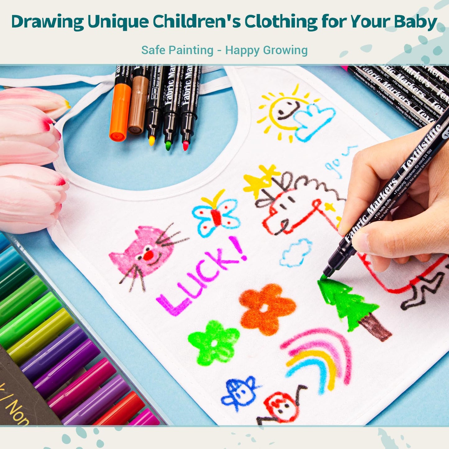 DAPAWIN 48 Fabric Markers, Fabric Markers Permanent for Clothes, Fine Tips Art Marker Set for Clothes Onesies Bibs White Pillow Canvas Tote Bags-Non Toxic, Indelible and Permanent Fabric Paint.