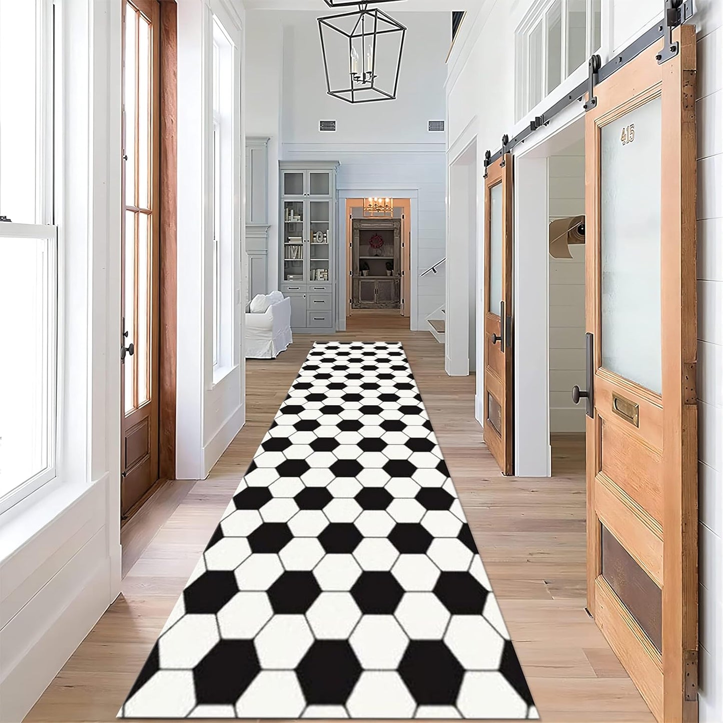 Football Pattern Runner Rugs for Hallway, 3.3x10ft, Black White Geometric Entrance Rug, Machine Washable High Traffic Rug, with Non Slip Backing Absorbent Carpet for Entryway Living Room