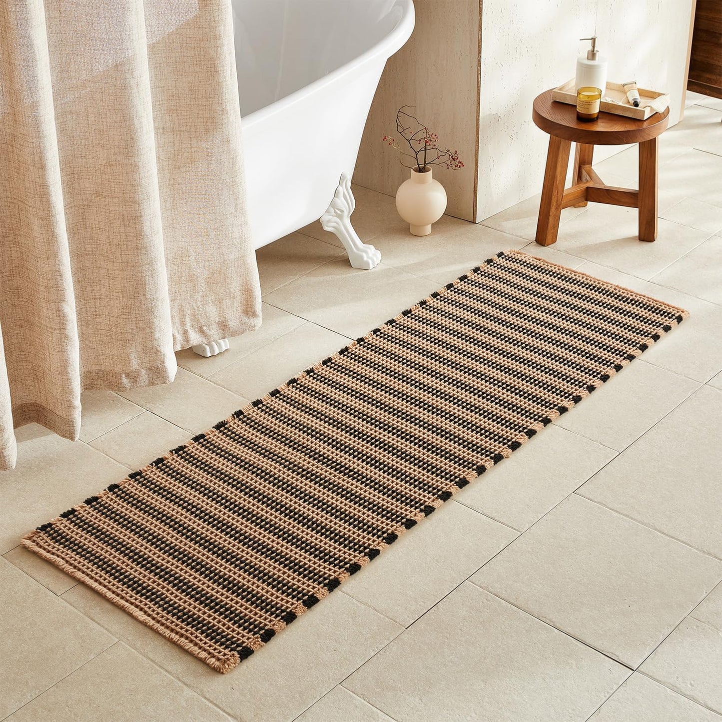 Waffle Runner Rug Bathroom, Long Boho Bathroom Rugs Non Slip Washable Super Absorbent Quick Dry Farmhouse Bath Decor, 72"x24" Black and Khaki