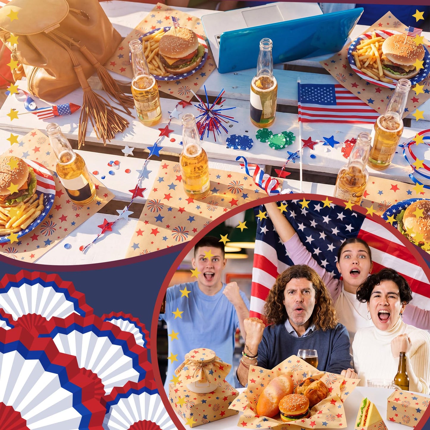 FoldTier 100 Pcs 4th of July Wax Paper Sheets for Food Wrapping 12x12 Inch Deli Paper Sheet 250th Anniversary Patriotic Firework Star Greaseproof Parchment Food Basket Liner for Sandwich Burger Fries
