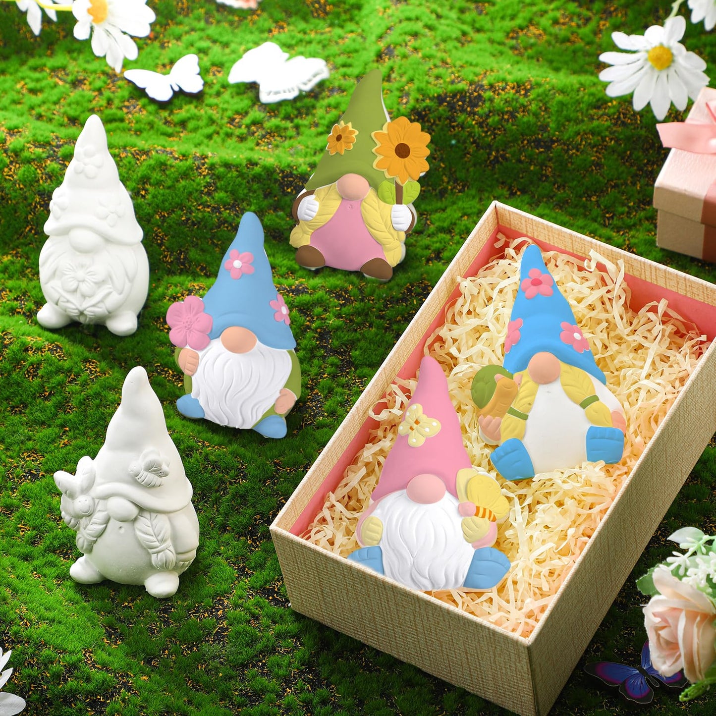 Poen 6 Sets Ready to Paint Your Own Ceramic Gnome Statues Summer DIY Unpainted Ceramics Gnome Figurines Kit Spring Crafts Gifts Drawing Figurines DIY Art and Craft with Brush Palette Paint for Adult
