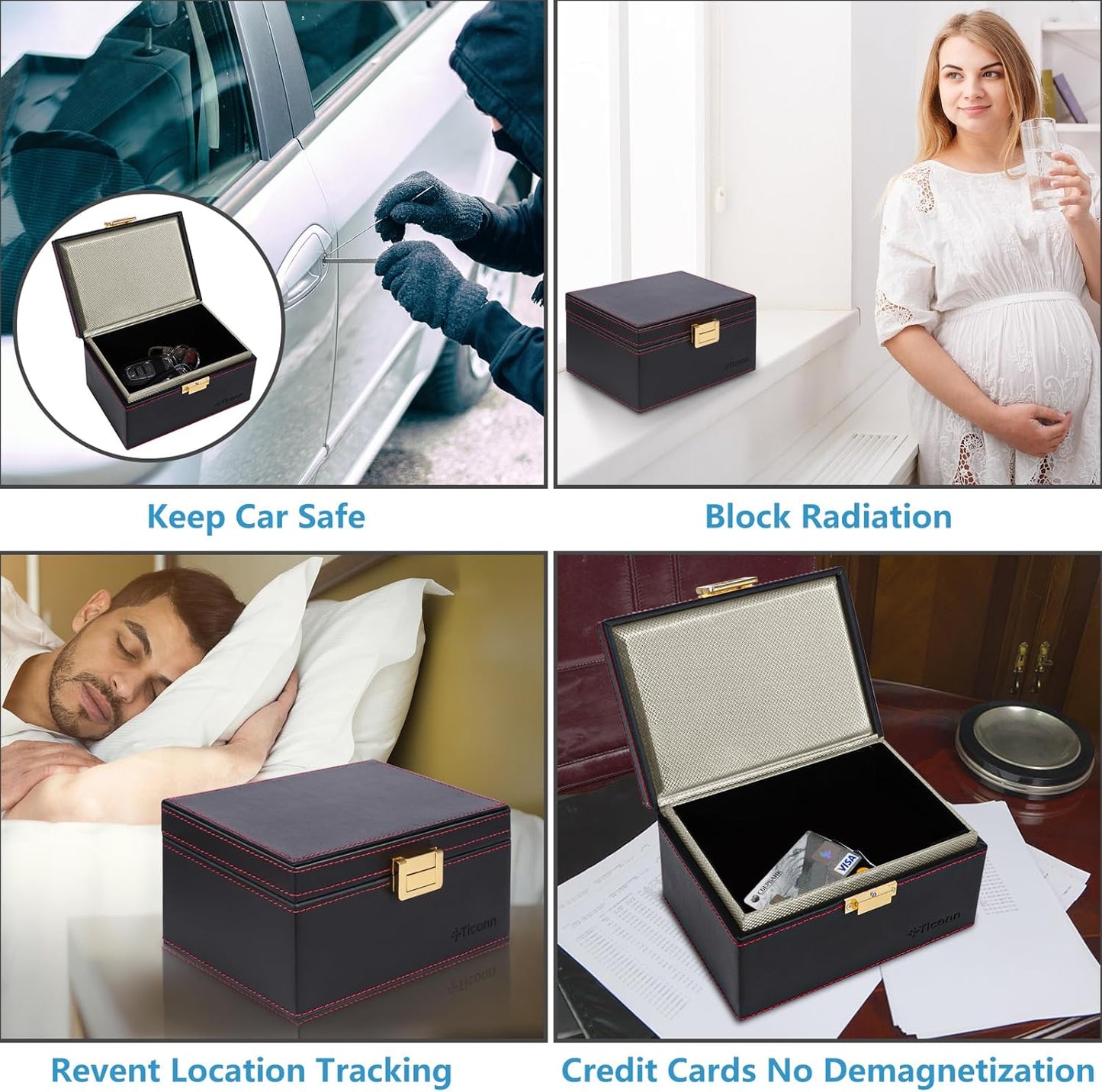 TICONN Faraday Box, Car Key Fob Protector, PU Leather Signal Blocker for Keyless Fob, RFID Signal Blocking Pouch Cage