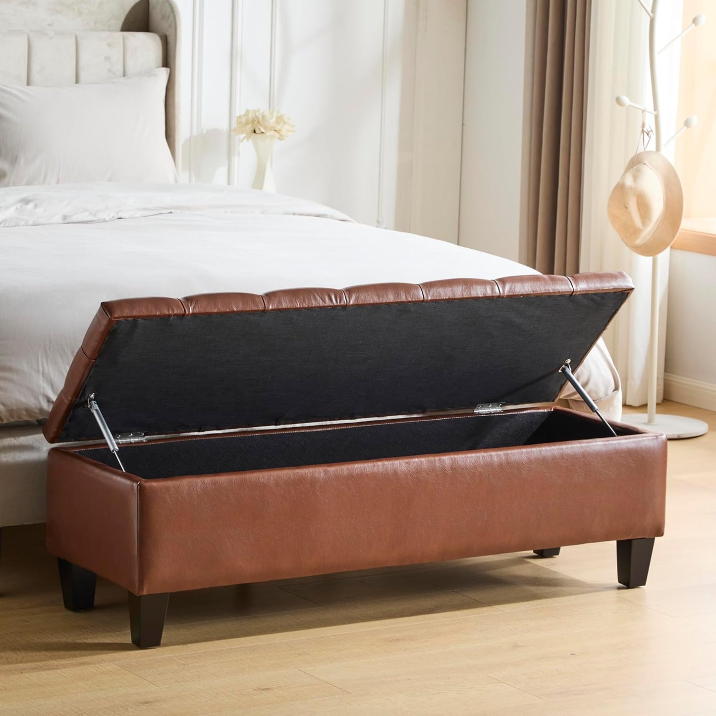Christopher Knight Home Ottilie Faux Leather Storage Ottoman Bench, Wooden Rectangular Ottoman with Storage, Bedroom End of Bed Foot Stool, Entryway Ottoman Footrest, Living Room Extra Seat, Brown