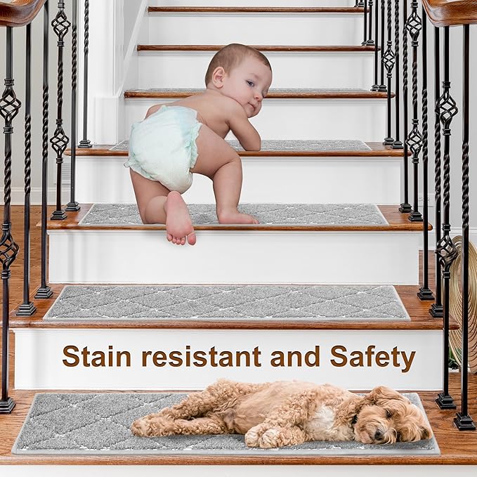 BEQHAUSE Stair Treads for Wooden Steps Non-Slip Stair Rugs Machine Washable Stair Carpet Treads 28inX9in Grey Stair Runner for Elders,Kids and Dogs Polyester Soft Stair Mats,4PCS