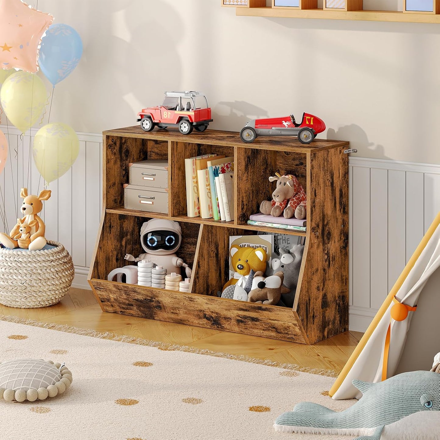 HOOBRO Kids Bookshelf, Bookcase Footboard, Toy Storage Cubby, 35.4" L Children's Toy Shelf, Toy Storage Cabinet, Fit for Children's Room, Playroom, Hallway, Kindergarten, Rustic Brown BF32CW01